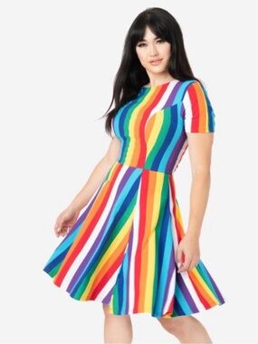 Unique Vintage Rainbow Stripe Fit & Flare Dress - Multicolor